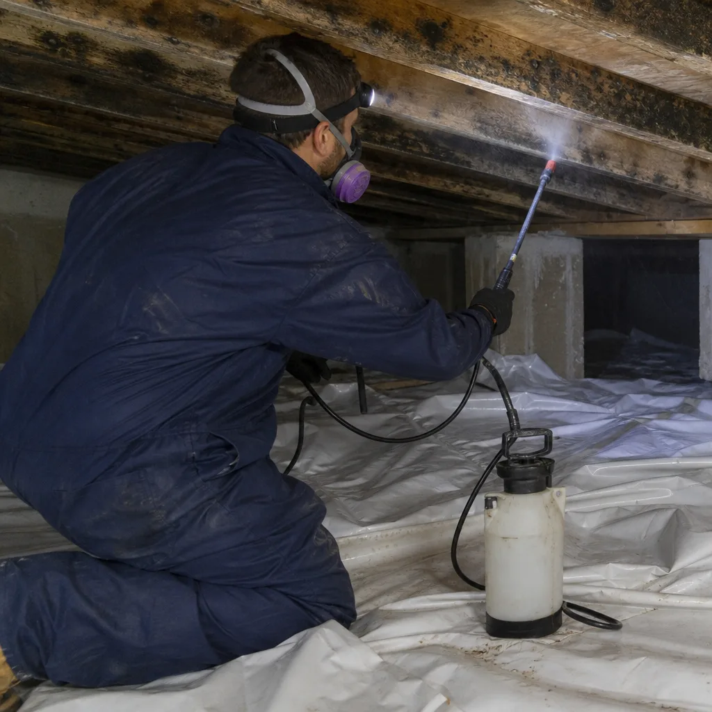 Technician performing professional mold remediation on wooden subfloor in a crawlspace