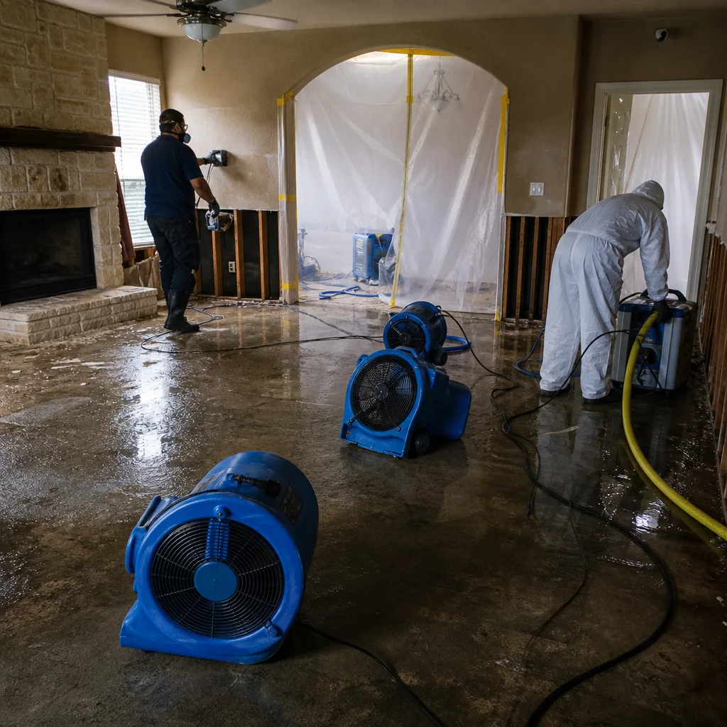 Technicians performing professional residential water damage restoration using industrial drying equipment