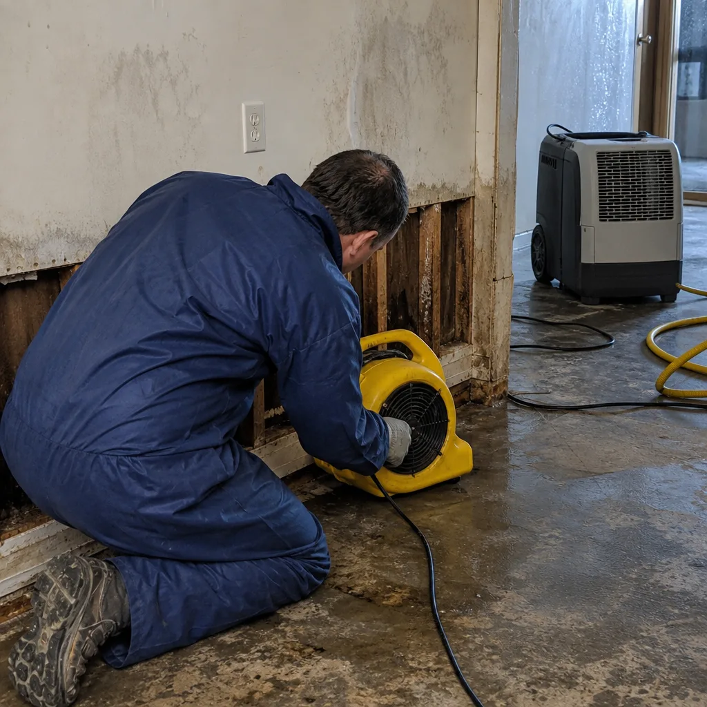 Technician using restoration equipment for water damage repair