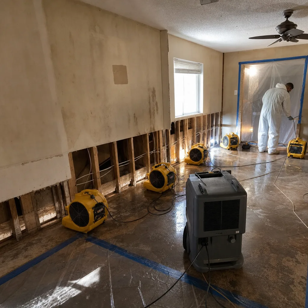 Professional water damage restoration service with industrial fans and dehumidifier.