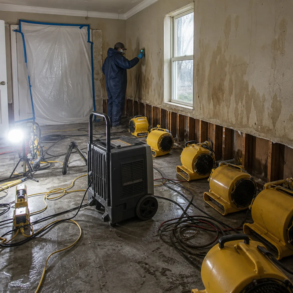 Water damage restoration professional using moisture meter with industrial drying equipment