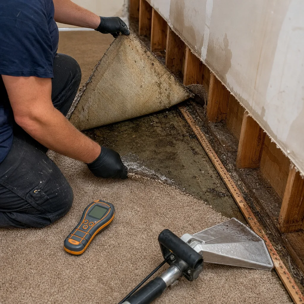 Restoration professional inspecting water damage under carpet with moisture meter
